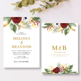 Elegant Red & Guld Blommigt Monogram Bröllop Inbjudningar