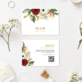 Elegant Red Guld Blommigt Monogram QR-kod Bröllop OSA Kort