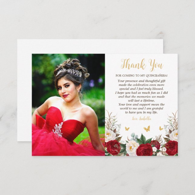Elegant Red & Guld Blommigt Photo Quinceañera Tack Kort (Fram/baksida)