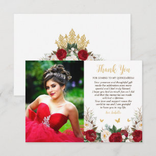 Elegant Red & Guld Blommigt Photo Quinceañera Tack Kort