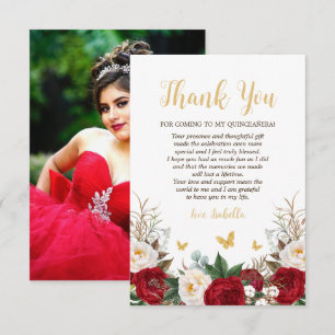 Elegant Red & Guld Blommigt Photo Quinceañera Tack Kort