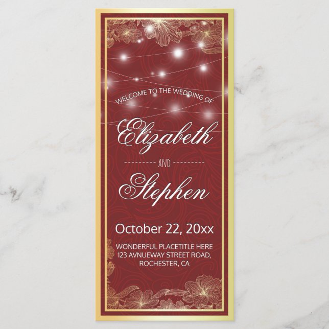 Elegant Red & Guld Blommigt Ram Bröllopsprogram Program (Framsida)