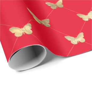 Elegant Red Guld Butterfly Mönster Wrapping Pappe Presentpapper