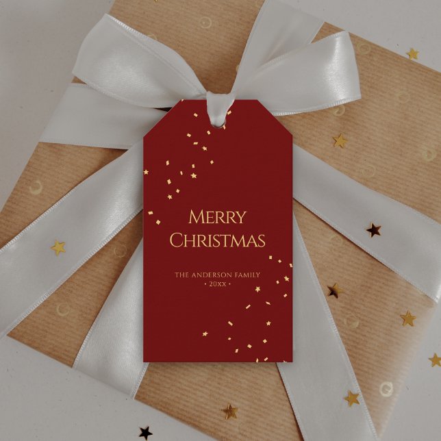 Elegant Red & Guld Confetti God jul Presentetikett (Skapare uppladdad)