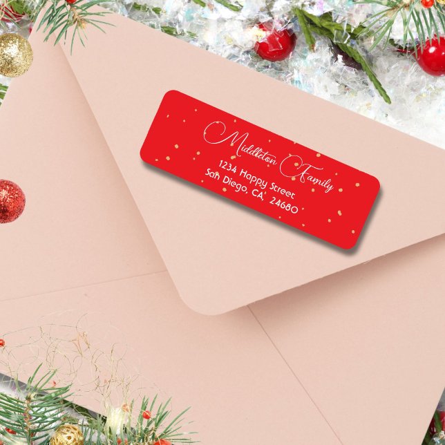 Elegant Red Guld Confetti-Returadressen Jul Returadress Etikett (Skapare uppladdad)
