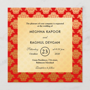 Elegant Red Guld Damask Patsy Indiska Bröllop Inbjudningar