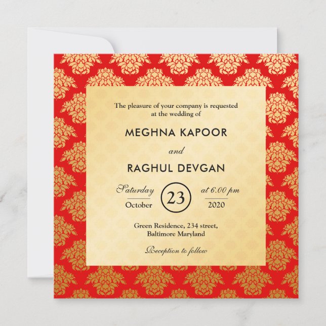 Elegant Red Guld Damask Pattern Indian Bröllop Inbjudningar (Framsida)