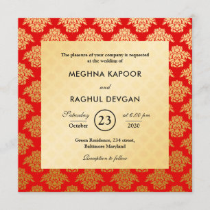 Elegant Red Guld Damask Pattern Indian Bröllop Inbjudningar