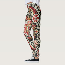 Elegant Red & Guld Embroeded Women's Leggings