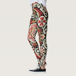 Elegant Red & Guld Embroeded Women's Leggings