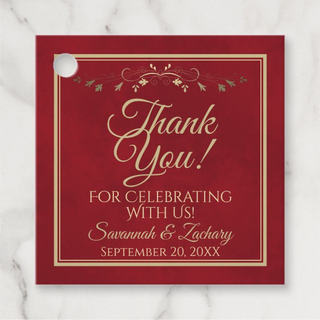 Elegant Red & Guld Filigree Bröllop Tack Gåvor Etiketter (Framsida)