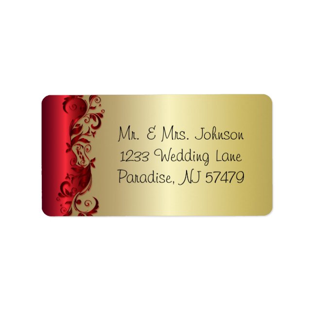 Elegant Red & Guld Florid Bröllop Design Adressetikett (Framsidan)