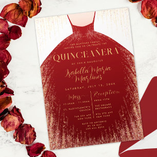 Elegant Red Guld Glitter Dress Quinceañera Inbjudningar