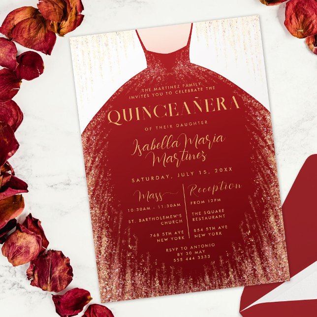 Elegant Red Guld Glitter Dress Quinceañera Inbjudningar (Elegant Red Gold Glitter Dress Quinceañera Invitation)