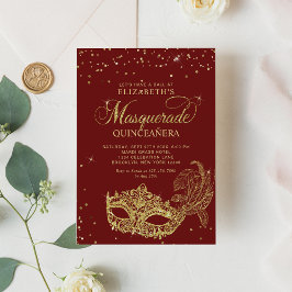 Elegant Red Guld Glitter Masquerad Quinceañera Inbjudningar