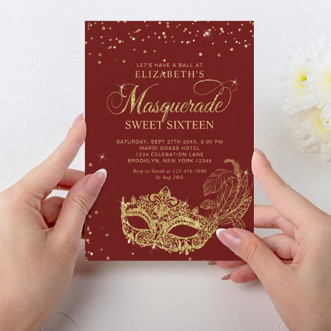 Elegant Red Guld Glitter Masquerad Sweet 16 Inbjudningar (Skapare uppladdad)