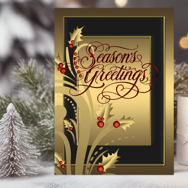 Elegant Red Guld Holly Christian julkort Helgkort (Beautiful red black and gold Christmas card with scripture verses on the inside.)