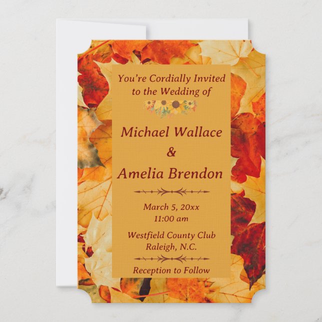 Elegant Red Guld Höst löv Fall Wedding Inbjudningar (Framsida)