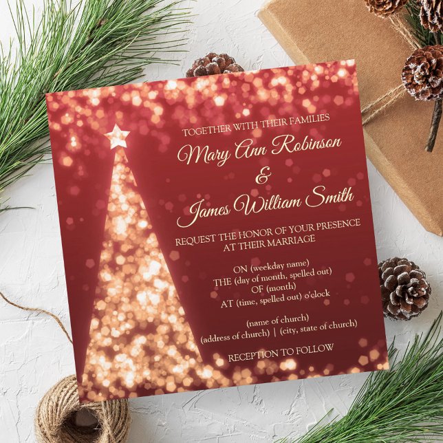 Elegant Red & Guld jul, Helgdag Bröllop Inbjudningar (Elegant Red & Gold Christmas Holiday Wedding Invitation)