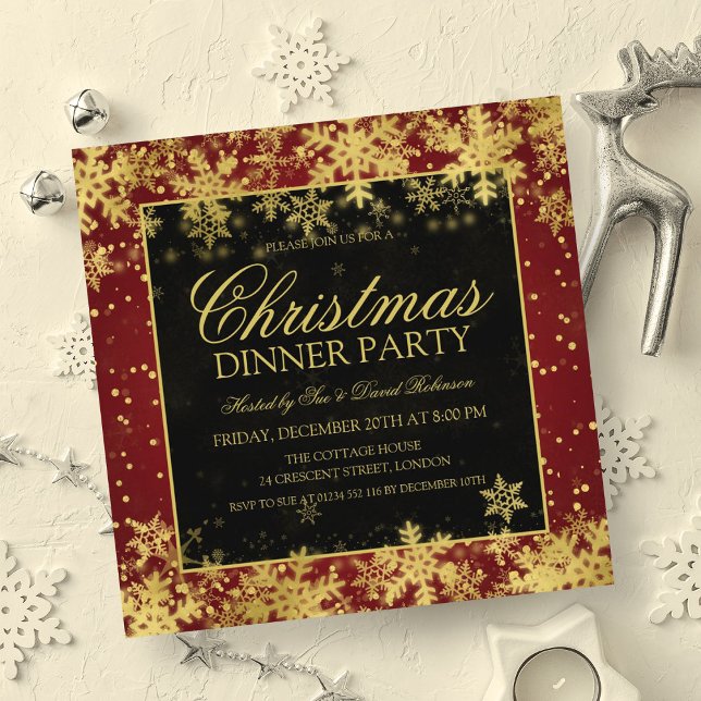 Elegant Red Guld jul Middag Party Vinter Inbjudningar (Elegant Red Gold Christmas Dinner Party Winter Invitation)