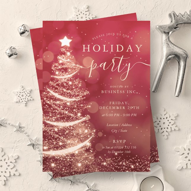 Elegant Red Guld Julgran Company Helgdag Inbjudningar (Elegant Red Gold Christmas Tree Company Holiday Invitation)