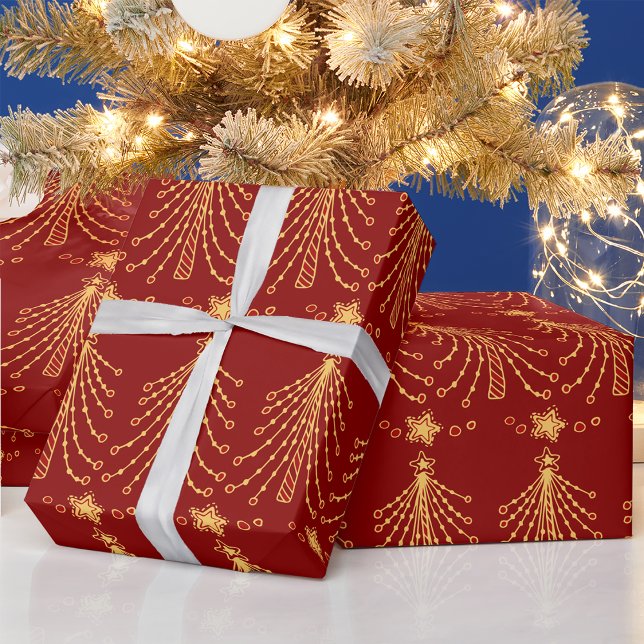 Elegant Red & Guld Julgran Ljus Mönster Presentpapper (Skapare uppladdad)