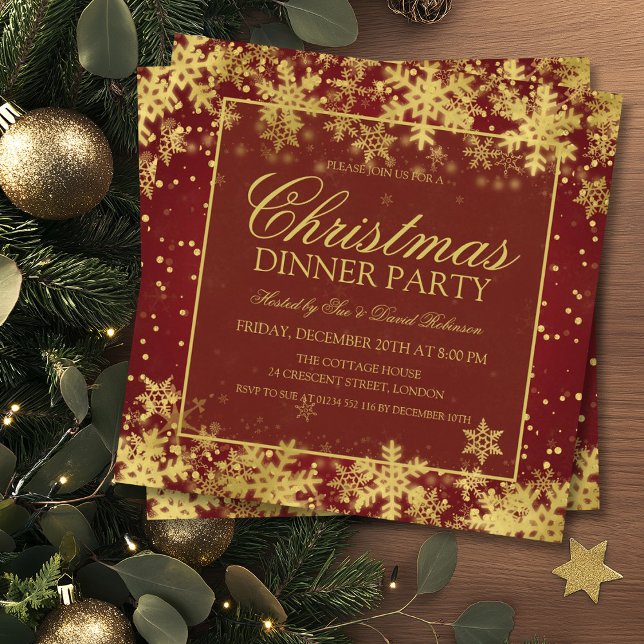 Elegant Red Guld julmiddag Party Inbjudningar (Elegant Red Gold Christmas Dinner Party Invitation)