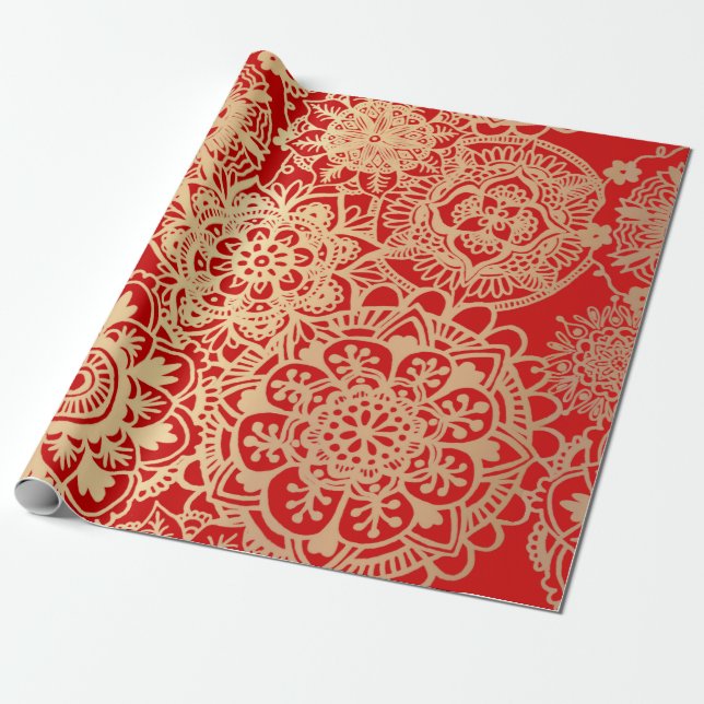 Elegant Red Guld Mandala Mönster Presentpapper (Utrullad)
