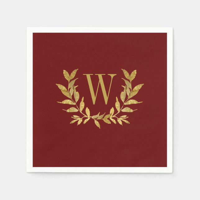 Elegant Red & Guld Modern Monogram Bröllop Pappersservett (Framsidan)