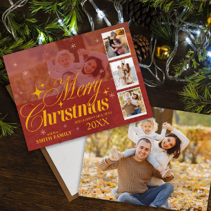 Elegant Red & Guld Multi Photo Classic-jul Helg Vykort