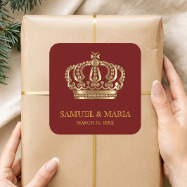 Elegant Red Guld Ornate Krona Wedding Favor Fyrkantigt Klistermärke