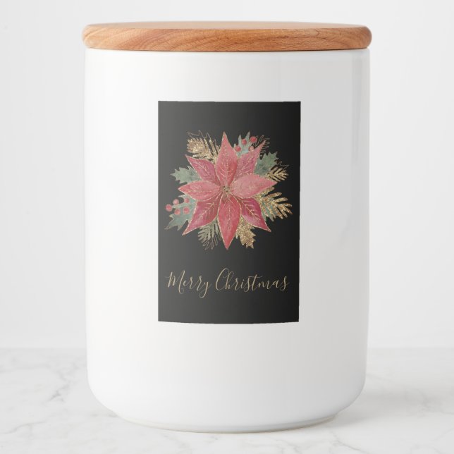 Elegant Red Guld Poinsettia Flower God jul Mat Etikett (Framsida)