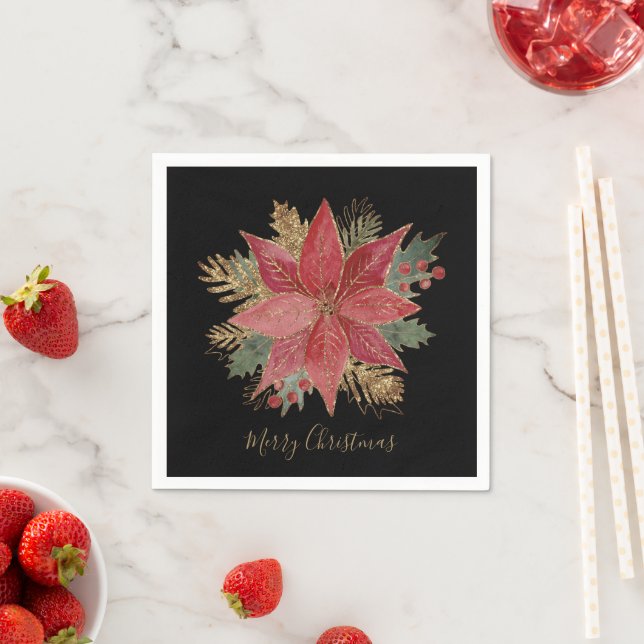 Elegant Red Guld Poinsettia Flower God jul Pappersservett (Insitu)