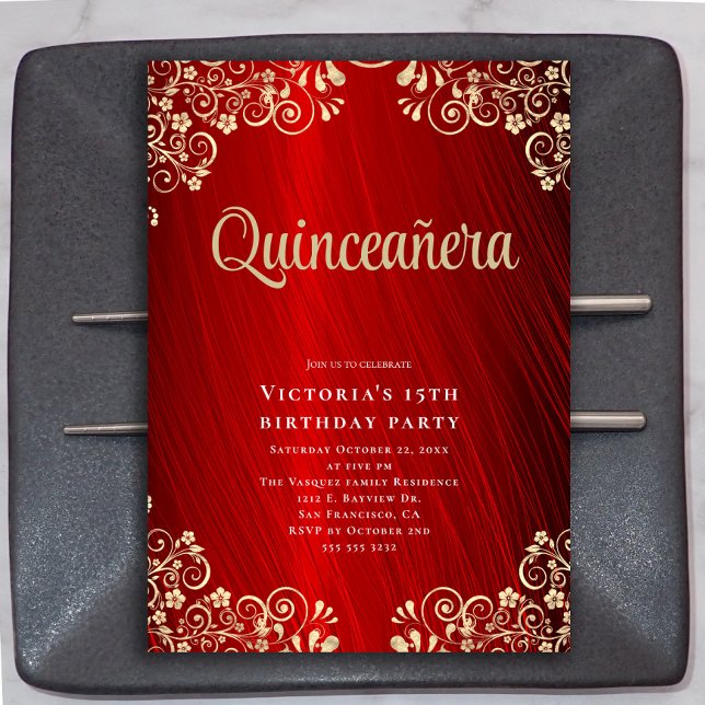 Elegant Red Guld Quinceañera 15:e Födelsedagsfeste Inbjudningar (Skapare uppladdad)