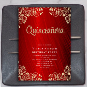 Elegant Red Guld Quinceañera 15:e Födelsedagsfeste Inbjudningar