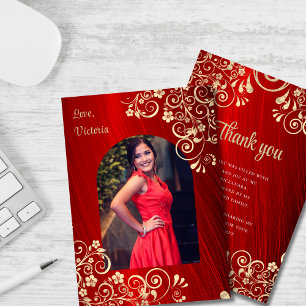 Elegant Red Guld Quinceanera Photo Tack Kort