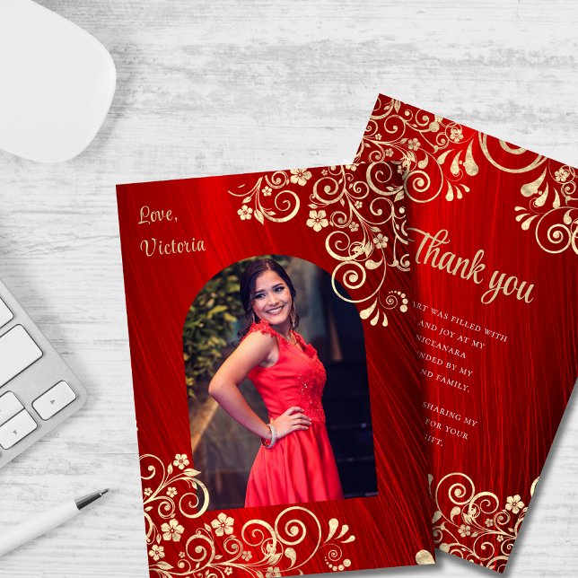 Elegant Red Guld Quinceanera Photo Tack Kort (Skapare uppladdad)