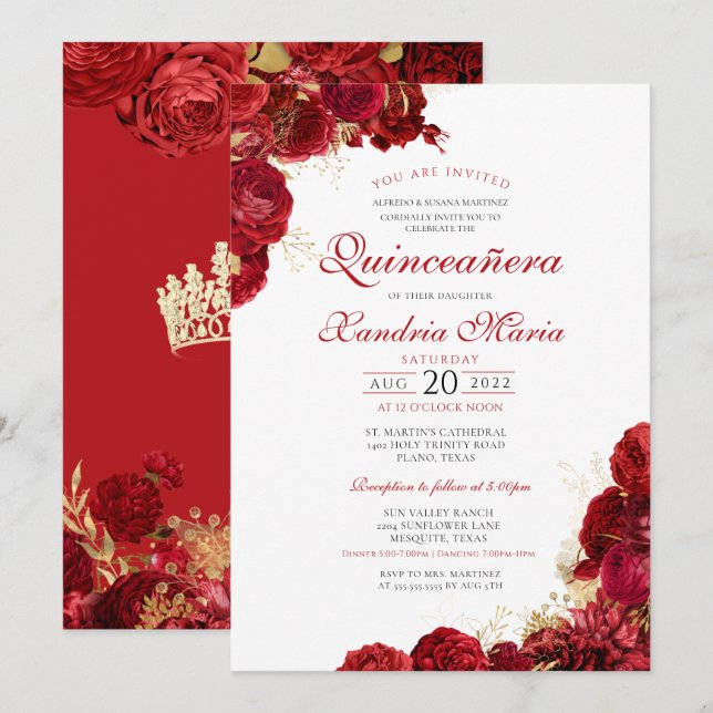 Elegant Red & Guld Ro Blommigt Quinceanera Inbjudningar (Fram/baksida)
