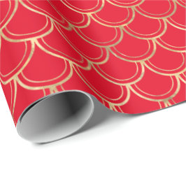 Elegant Red Guld Scallop Mönster Wrapping Papper Presentpapper