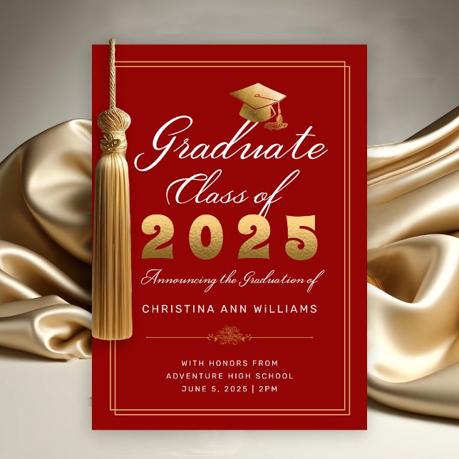 Elegant Red Guld Script Class of 2025 Studenten Meddelande (Elegant Gold White Script on Red with thin gold frame Graduation Announcement)