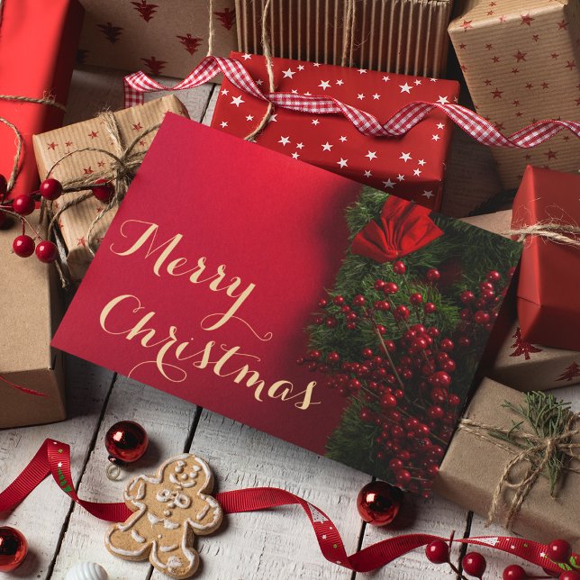 Elegant Red & Guld Script God jul Business Tack Kort (Skapare uppladdad)