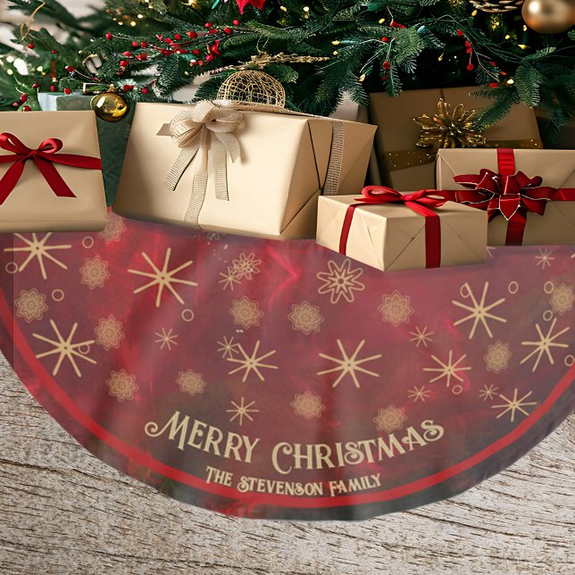 Elegant Red Guld Snöflingor God jul Julgransmatta Borstad Polyester (Elegant Red Gold Snowflakes Merry Christmas Brushed Polyester Tree Skirt)