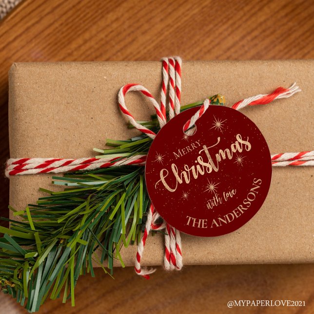 Elegant Red Guld Stars Namn God jul Gåvor Etiketter (Elegant Red Gold Stars Name Merry Christmas Favor Tags)
