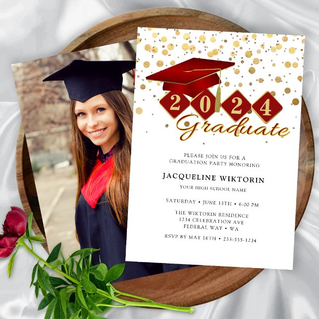 Elegant Red Guld Studenten Photo Party Inbjudningar (Elegant Red Gold Graduation Photo Party Invitation)