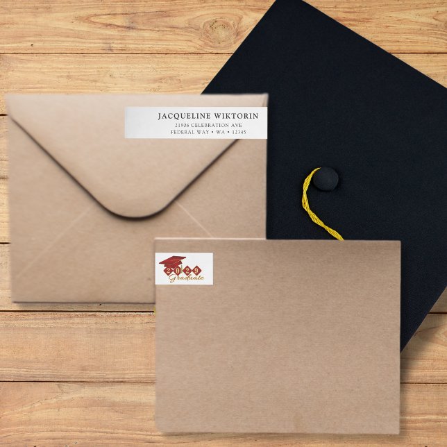 Elegant Red Guld Studenten Returadress Etikettband (Elegant Red Gold Graduation Return Address Wrap Around Label)