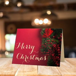 Elegant Red & Guld Typography Greenery jul Tack Kort