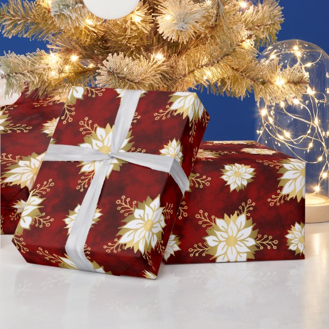 Elegant Red Guld White Poinsettia Flower Mönster Presentpapper (Helgdagar)