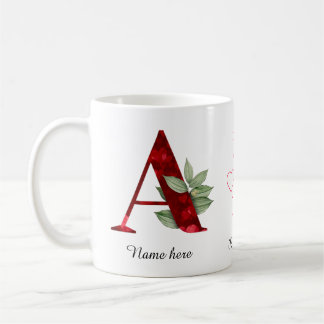 Elegant Red Heart Floral Letter A Initial Mug Kaffemugg