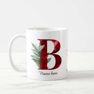 Elegant Red Heart Floral Letter B Initial Coffee  Kaffemugg