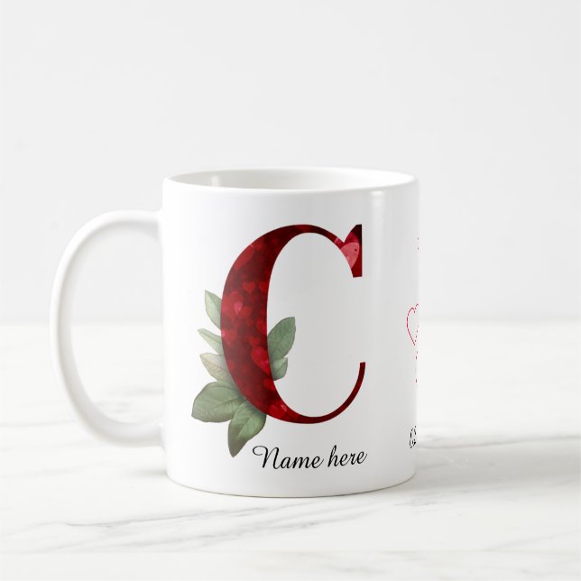 Elegant Red Heart Floral Letter C Initial Coffee M Kaffemugg (Vänster)